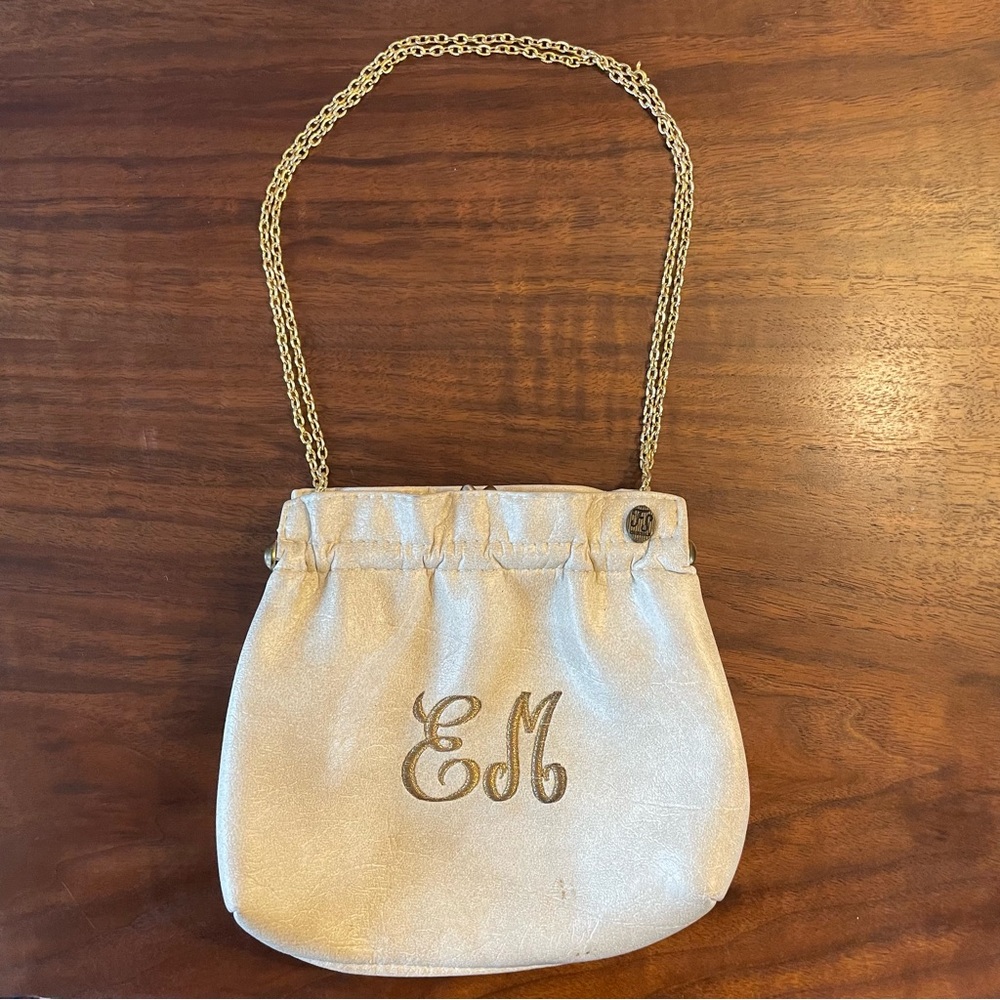 Vintage Cream Leather Kiss Lock Pouch Shoulder Bag Clutch Adjustable Chain